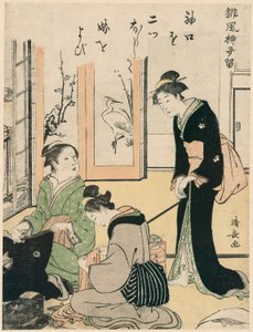 La suegra se burla de la novia, de la serie Colección de poemas humorísticos, c.1785 (grabado en madera en color; chuban) de Torii Kiyonaga