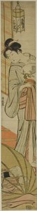 Madre viendo a su hijo dormir bajo una mosquitera de Torii Kiyonaga