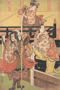 En un Balcón una Mujer está Sentada Tocando un Tsuzumi, abajo un Hombre en Traje de Daimyo está Mirando, ca. 1790