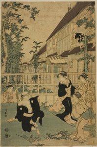 Diversiones al aire libre en la casa de té Kankanro en Yoshiwara de Torii Kiyonaga