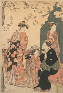 Retrato de la cortesana Nioteru del Ogiya, con sus dos asistentes Namiji y Ao de Torii Kiyonaga