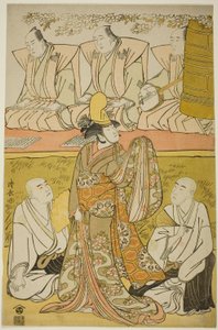El actor Nakamura Nakazo I como el Shirabyoshi Katsuragi, Matsumoto Koshiro IV como el monje Meigetsubo, y Otani Hiroji III como el monje Izayoibo, en la obra "Edoganoko Musume Dojoji," representada en el Teatro Ichimura en el octavo mes, 1783