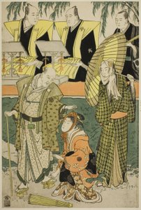 Los Actores Bando Matakuro IV como Chubei, Osagawa Tsuneyo II como Umegawa, y Nakamura Katsugoro como Magoemon, en la obra "Keisei Koibikyaku," representada en el Teatro Morita en el quinto mes, 1783 de Torii Kiyonaga