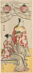 Los actores Ichikawa Monnosuke II y Segawa Kikunojo III, de un pentaprisma de once actores celebrando el festival del santuario de los hermanos Soga de Torii Kiyonaga