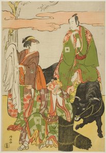 Los actores Ichikawa Monnosuke II como Miyukinosuke, Segawa Kikunojo III como Hatsune-hime, e Ichikawa Danjuro V como Ninnaji no Saibei, en el joruri "Shitenno Oe no Yamairi," representado en el Teatro Kiri en el undécimo mes, 1785