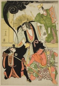 Los actores Nakayama Kojuro VI (Nakamura Nakazo I) como Hatchotsubute no Kiheiji, Otani Hiroji III como Miura Arajiro, Ichikawa Yaozo III como Akugenta Yoshihira, Sawamura Sojuro III como Taira no Shigemori, en el shosa "Fukyoku Edo Geisha," interpretado e de Torii Kiyonaga