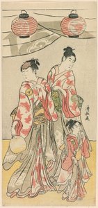 Los actores Yamashita Mangiku, Iwai Hanshiro IV y Iwai Kumesaburo de un pentatíptico de once actores celebrando el festival del santuario de los hermanos Soga de Torii Kiyonaga