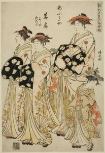 La cortesana Hanaogi del Ogiya con sus asistentes Yoshino y Tatsuta, de la serie "Modelos para la moda: Nuevos diseños tan frescos como hojas jóvenes (Hinagata wakana no hatsu moyo)" de Torii Kiyonaga