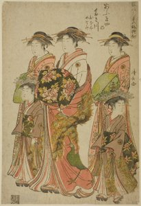 La Cortesana Takigawa del Ogiya con Sus Asistentes Onami y Menami, de la serie "Modelos para la Moda: Nuevos Diseños Tan Frescos como Hojas Jóvenes (Hinagata wakana no hatsu moyo)" de Torii Kiyonaga