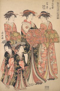 La Cortesana Wakakusa del Burdel Chojiya, y Asistentes Asano y Midori, de t..., ca. 1783 de Torii Kiyonaga