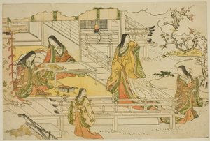 La primera caligrafía del año nuevo (Kissho hajime), del libro ilustrado "Colores del triple amanecer (Saishiki mitsu no asa)" de Torii Kiyonaga