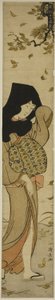 Mujer con Capucha Negra en Hojas al Viento, de la serie "Doce Escenas de Costumbres Populares (Fuzoku juni tsui)" de Torii Kiyonaga