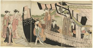 Mujeres desembarcando de un barco de recreo en el río Sumida de Torii Kiyonaga