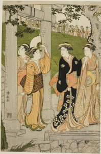 Mujeres visitando el Santuario Mimeguri de Torii Kiyonaga