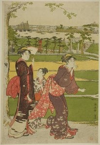 Mujeres visitando el Santuario Mimeguri de Torii Kiyonaga