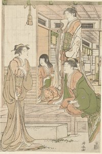 Yoshitsune dándole una serenata a Joruri hime. de Torii Kiyonaga