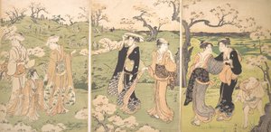 Jóvenes viendo flores de cerezo en Asukayama de Torii Kiyonaga