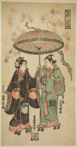El actor Sanogawa Ichimatsu I como Kumenosuke y Takinaka Hidematsu I como Oume, de "Compartiendo un paraguas: Un tríptico (Aigasa sanpukutsui)"