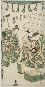 Los actores Fujikawa Heikuro como Masamune y Matsushima Kichisaburo como Rai Kunitsugu en la obra "Shin Usuyuki Monogatari," representada en el Teatro Nakamura en el sexto mes, 1746 de Torii Kiyonobu II