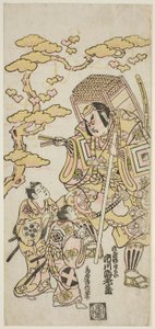 Los actores Ichikawa Ebizo II como Musashibo Benkei, Sakata Shintaro (?) como Soga no Goro, y Takigawa Kinya (?) como Soga no Juro en la obra "Sazareishi Suehiro Genji," representada en el Teatro Nakamura en el primer mes, 1744 de Torii Kiyonobu II