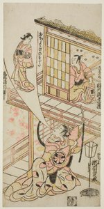 Los actores Ichikawa Ebizo II como Mushanosuke, Segawa Kikunojo I como Ochiyo, y Matsushima Kichisaburo como el espíritu de Ochiyo en la obra "Higashiyama Gojitsu Yaoya Hanbei", representada en el Teatro Nakamura en el octavo mes de 1744.