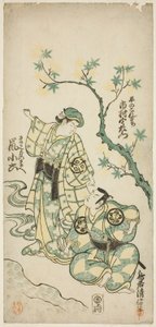 Los actores Ichimura Uzaemon VIII como Taira no Koremochi y Arashi Koroku como Makomo no Mae en la obra "Shusse Momijigari," representada en el Teatro Ichimura en el undécimo mes, 1747 de Torii Kiyonobu II