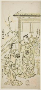 Los actores Otani Oniji I como Soga no Goro y Sanogawa Ichimatsu I como la hermana de Yoshinaka en la obra "Fuji no Yuki Mitsugi Soga," representada en el Teatro Nakamura en el primer mes, 1746 de Torii Kiyonobu II