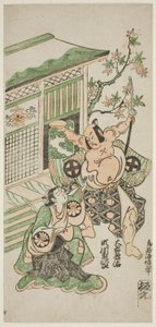 Los actores Segawa Kikujiro I como Karumo, esposa de Nobutsura, y Otani Oniji I como Tahara Matataro en la obra "Shusse Momijigari", representada en el Teatro Ichimura en el undécimo mes de 1747.