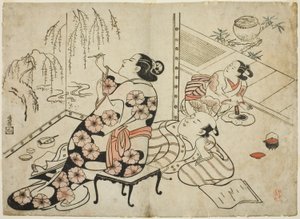 Cortesana pintando una pantalla, de una serie de 12 impresiones eróticas de Torii Kiyonobu I