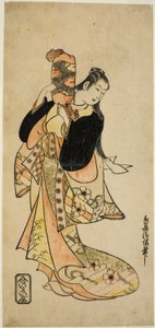 El Actor Ichikawa Monnosuke I como Oiso no Tora en la obra "Nigiwai Suehiro Soga," presentada en el Teatro Morita en el primer mes, 1721 (?) de Torii Kiyonobu I