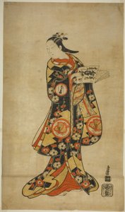 El actor Sanjo Kantaro II como Oshichi en la obra "Nanakusa Fukki Soga", representada en el Teatro Ichimura en el primer mes de 1718 de Torii Kiyonobu I