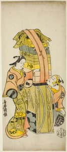 Los actores Ichikawa Danjuro II como Kamada Matahachi e Ichikawa Monnosuke I como Hisamatsu en la obra "Osome Hisamatsu Shinju Tamoto no Shirashibori," representada en el Teatro Morita, 1720 de Torii Kiyonobu I