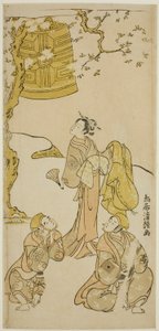 Los actores Segawa Kikunojo II, Ichikawa Komazo II y Arashi Otohachi I en la obra "Fude Hajime Soga no Tamazusa," representada en el Teatro Nakamura en el primer mes de 1768 de Torii Kiyotsune