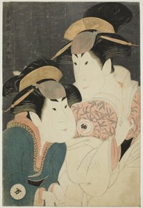 Los actores Segawa Tomisaburo II como Yadorigi, esposa de Ogishi Kurando, y Nakamura Manyo como el sirviente Wakakusa de Toshusai Sharaku
