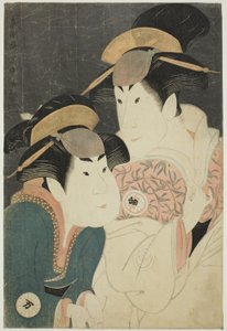 Los actores Segawa Tomisaburo II (dcha.) como Yadorigi, esposa de Ogishi Kurando, y Nakamura Manyo (izq.) como el criado Wakakusa. de Toshusai Sharaku