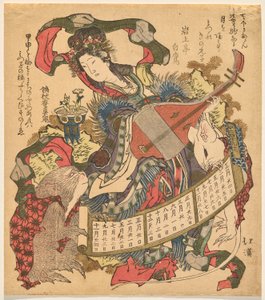 Benzaiten jugando biwa con mono y rata blanca
