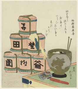 Brasero y barriles de sake apilados de Totoya Hokkei