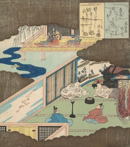 Interior de un palacio con nobles conversando de Totoya Hokkei