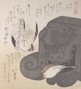 Teja de techo y gorriones, especialidades de Mizuno en Imado, siglo XIX de Totoya Hokkei