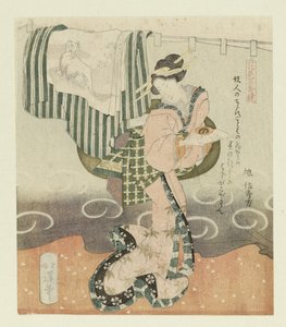 Mujer con taza de sake Pentáptico sobre admirar las flores (título de la serie) Hanami gobantsuzuki (título de la serie sobre el objeto)