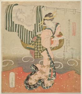 Mujer sosteniendo una copa de sake ante una cortina y un kimono drapeado de Five Sheets for Flower Viewing de Totoya Hokkei