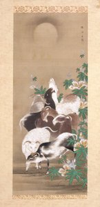 Cabras y luna (tinta y color sobre seda)