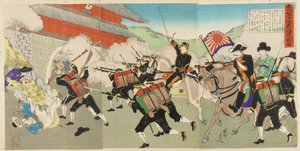 El General Mayor Oshima protege al rey coreano mientras las tropas asaltan el castillo en Kyongsong, 1895?
