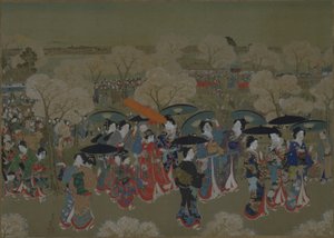 Bellezas contemplando los cerezos en flor en el río Sumida de Toyohara Kunichika