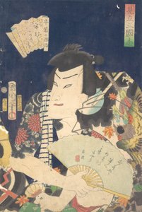 Ichimura Kakitsu IV como Ushiwaka no Genji en la obra de Kabuki Una parodia del Rom de Toyohara Kunichika