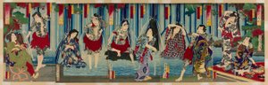 Estrellas de Kabuki ante una cascada graciosa (Arigataki megumi no hanagata) de Toyohara Kunichika