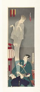 Nakama Gonbee y Kanbara Mikinosuke son los fantasmas de Sajiro de Toyohara Kunichika