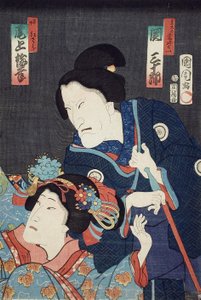Onoe Baikō como la hermana menor Benizara y Seki Sanjūrō como la madre Kataomoi en la obra Ichiban Norime Iki no Sashimono de Toyohara Kunichika
