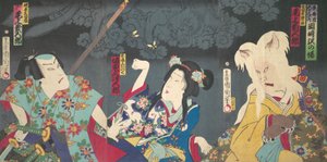 Onoe Kikugoro V como Otowake Neko no ke Derecha, Bando Mitsugoro IV como Aisho Michinoku Cent..., 1870 de Toyohara Kunichika