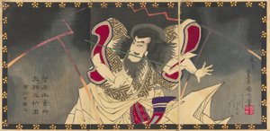 El actor Ichikawa Udanji I como Sugawara no Michizane en la obra "Shinrei Sugawara Jikki," representada en el Teatro Haruki en el cuarto mes de 1883 de Toyohara Kunichika